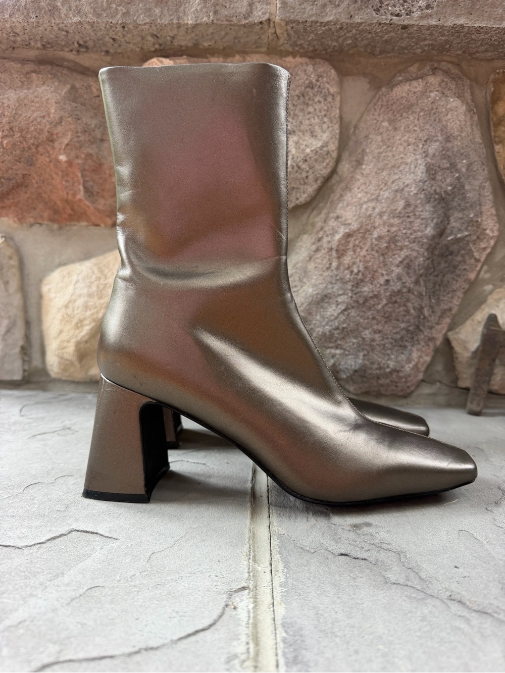 JEFFREY CAMPBELL Jerema Boot In Pewter Square Toe Flared Heel Ankle Zip Up